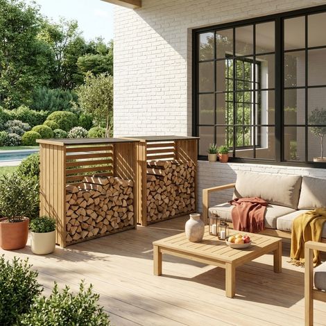 Lot de 2 abris bûches bois de sapin naturel - Merisier (1/5)
