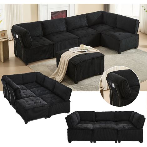 Modulares 6-Sitzer Sofa mit Schlaffunktion, U-Form und L-Form flexibel kombinierbar, 308 cm, Cordstoff, ergonomisch mit Seitentaschen, Schwarz (1/5)