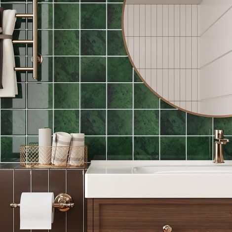 Adhesive pour Cuisine Vert Foncé Carrelage Adhesif Mural Salle de Bain Imperméable Dalle PVC Adhesive Murale Vert Carrée Adhesive Mosaique Cheminee 4 Pièces 30.5cm x 30.5cm (1/5)