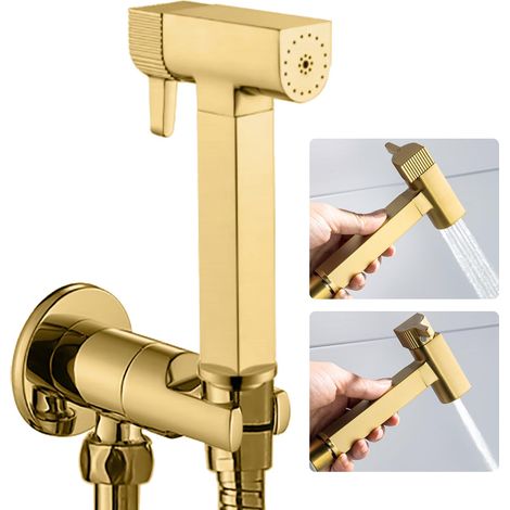 Kit Douchette WC Or Brossé, Laiton Douchette Toilette Un Dedans Un Dehors Douchette WC Kit Complet avec Pulvérisateur Double Fonction, 1.2m Tuyau de Douche (1/5)