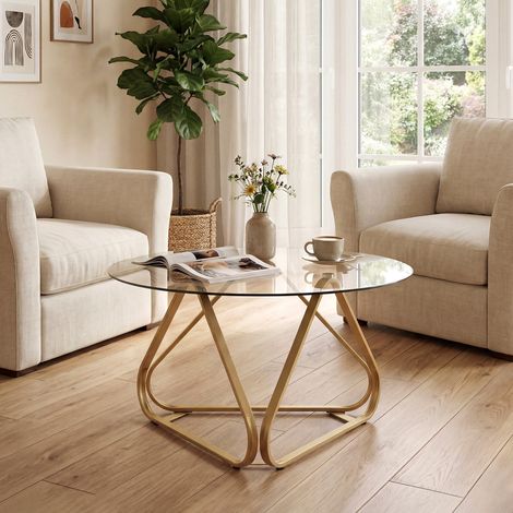 Table basse ronde avec plateau en verre trempé, table moderne avec cadre métallique et pieds réglables 80 cm - or (1/5)