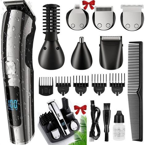 1 Tondeuse Cheveux Hommes, 11-en-1 Rasoir Électrique LCD IPX6, Tondeuse Barbe Corps Nez pour Homme Femme Enfant