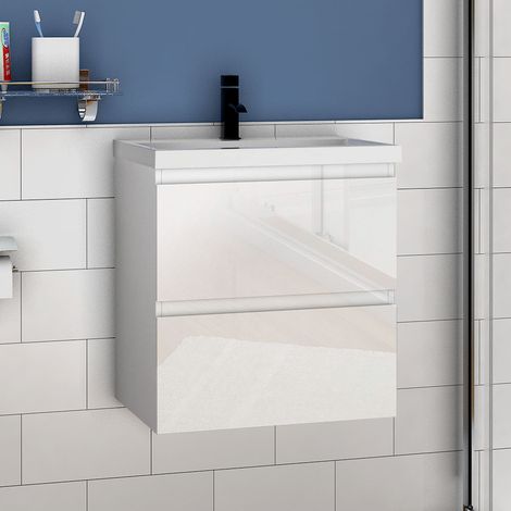 Badmöbel Waschtisch mit Unterschrank Waschbecken Badezimmer 50cm Hochglanz Weiß mit Waschbecken (1/5)