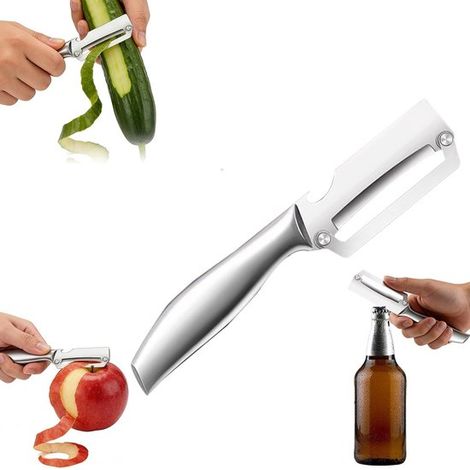 Pelador de 3 piezas, pelador de patatas de acero inoxidable con mango de plástico, pelador de verduras multifuncional 2 en 1 y abridor botellas (1/5)