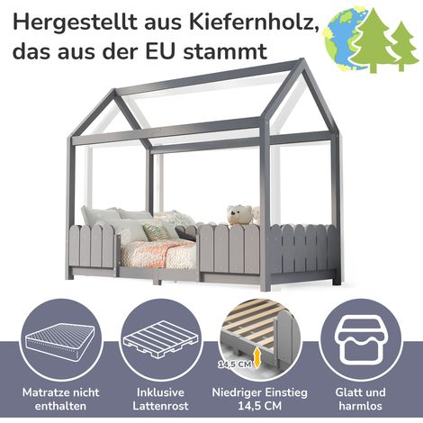 Lit cabane en bois 90x200 cm pour enfant - lit polyvalent garçon et fille avec barrière de sécurité et sommier à lattes - gris, sans matelas (1/5)