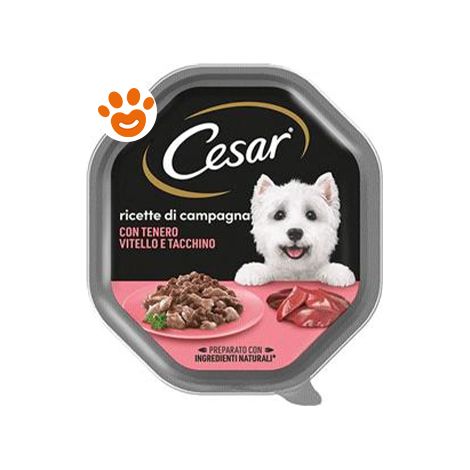 Cesar Dog Ricette di Campagna con Vitello e Tacchino in Salsa  - Cesar Dog Ricette di Campagna con Vitello e Tacchino in Salsa - Vaschetta Da 150 Gr