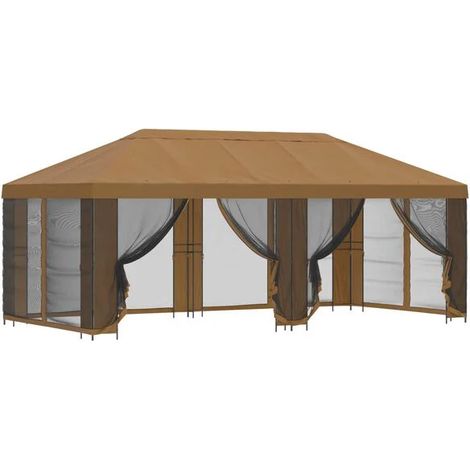 Un gazebo avec parois latérales, 6 x 3 mètres, en fibre de polyester beige et structure en acier, 190 cm de haut. (1/5)