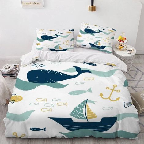 Housse de Couette 140x200 Enfant Poisson Baleine Parure de Lit 1 Personne Microfibre Housse de Couette Thème De L'océan De Dessin Animé 3D Imprimé Literie Set 3 Pièces avec Fermeture Éclair - 140x200+ (1/5)