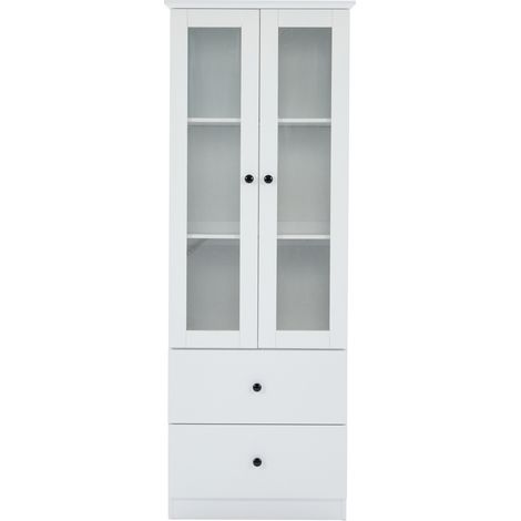 Vitrina LED blanca mate de 165 cm con puertas de cristal, 2 cajones y estantes regulables (1/5)