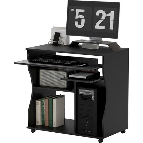 Computertisch Schreibtisch mit Rollen Bürotisch mit Tastaturablage Ablage, PC Tisch Schwarz 80 x 48 x 75 cm Aosom