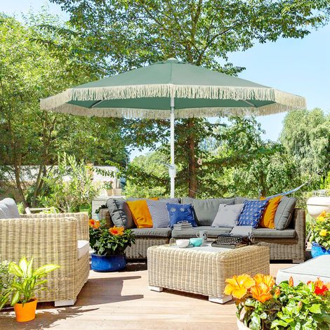 Parasol de jardin parasol extérieur inclinable parasol à franges avec manivelle 8 baleines dim. Ø 2,65 x 2,45 H m vert (1/5)