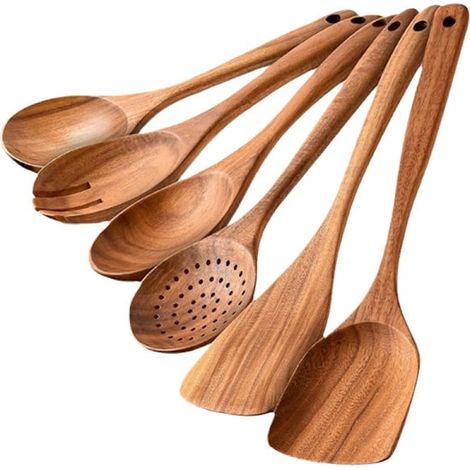 HONORNIC - Ensemble de 6 ustensiles de cuisine en bois, résistants aux rayures et à la chaleur (1/3)