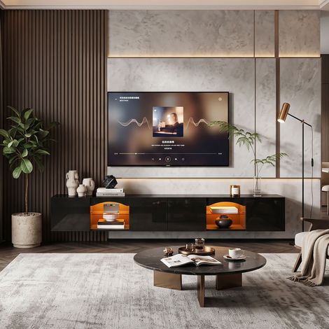 Creahappy Meuble TV Suspendu 200x30x28 cm - Gain de Place avec LED Connectée App - 4 Portes et Étagères Verre - Noir Brillant (1/5)