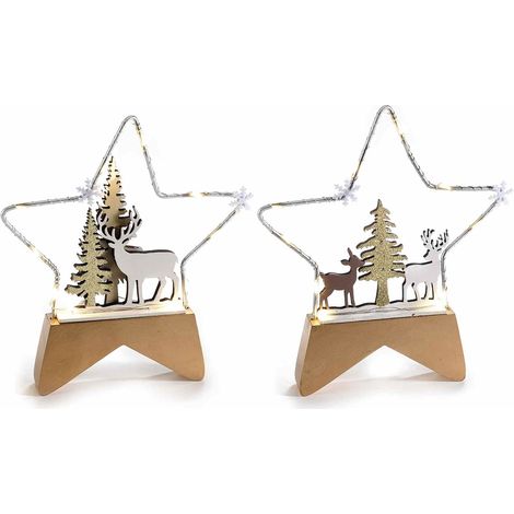 Decorazione di Natale luminose a stelle decorative in metallo con paesaggio, renne e base in legno con luci LED, set da 6 pezzi, cm 17 x 2 x 19,5 H