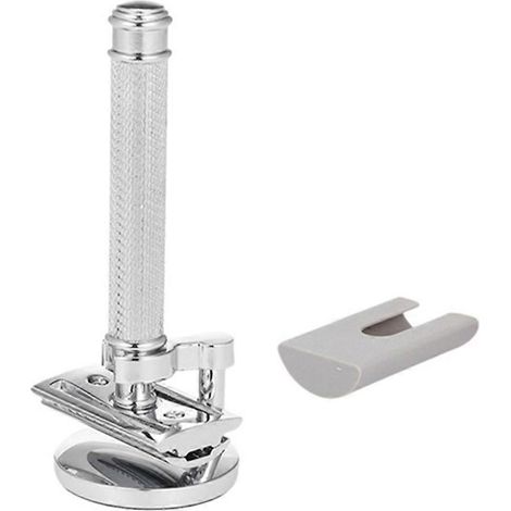 Rasoir de sécurité classique argenté à double tranchant réglable pour homme, avec capuchon de protection pour la tête de coupe et le manche.