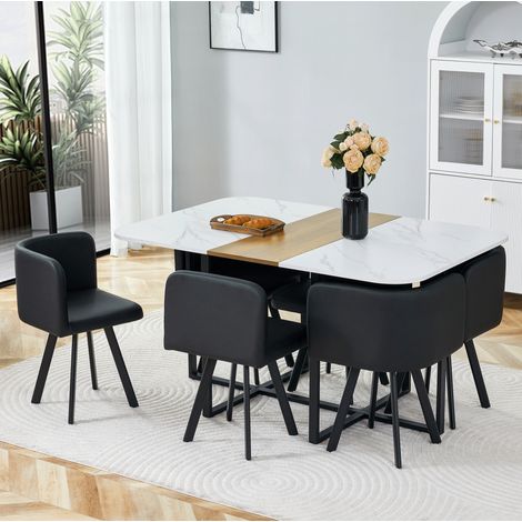 Set tavolo da pranzo allungabile con 6 sedie, piano bianco effetto marmo e struttura in metallo nero (1/5)
