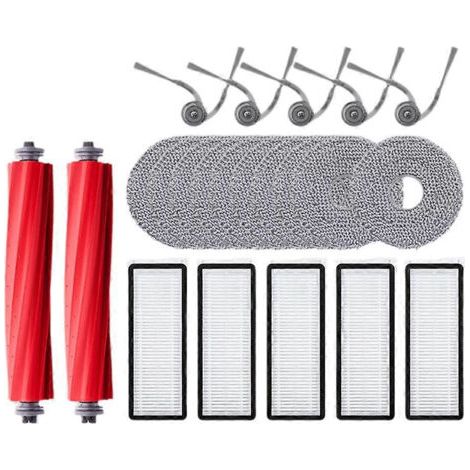 Pièces de rechange pour aspirateur robot Roborock QV 35A / QV 35S : brosse principale, lingette de nettoyage, filtre HEPA et sacs à poussière.