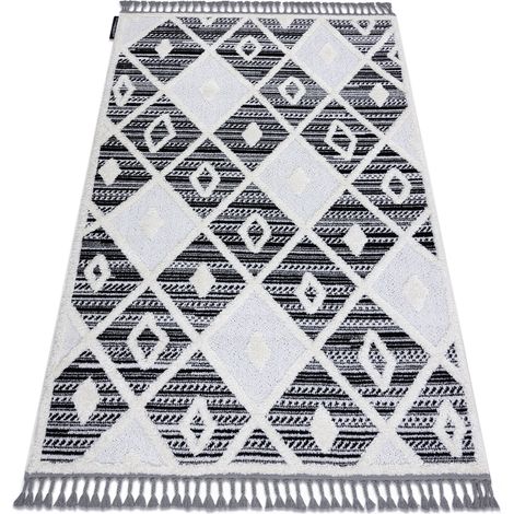 Teppich MAROC P662 Diamanten schwarz / weiß Franse berber marokkanisch shaggy grey 180x270 cm