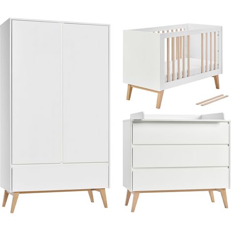 Chambre complète lit évolutif 60x120 commode à langer et armoire 2 portes Pinio Swing - Blanc et bois