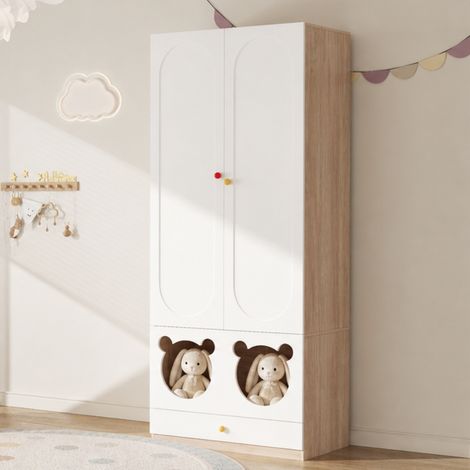 Armoire pour enfant 2 portes blanc imitation chêne 80 x 50 x 200 cm, penderie avec tringle à vêtements et tiroirs, design ours, bords arrondis sécurisés pour chambre d’enfant (1/4)