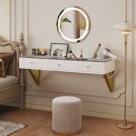 Coiffeuse murale blanche 120 x 45 x 40 cm avec plateau en verre, 3 tiroirs, support tablette, porte-gobelet et pieds métal décoratifs (1/5)