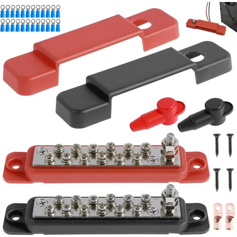Rail collecteur 12 V-48 V 150 A CC - Lot de 2 blocs de distribution de courant avec couvercle - Vis de serrage M4 - Boulons de raccordement M6 - Bloc de distribution pour voiture, marine, camping-car