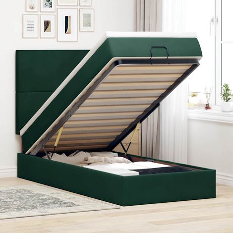 Estructura de cama otomana colchones terciopelo verde oscuro (1/5)