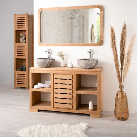Wanda Collection – Meuble salle de bain en teck massif 120 cm – 4 niches – Porte ajourée – Dimensions 120x75x40 cm – Conception traditionnelle (1/5)