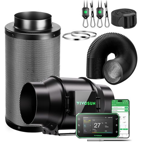 Kit d‘Extraction d’Air Intelligent Pro 150mm avec Contrôleur WiFi Température Humidité, Filtre à Charbon Actif et Conduit pour Tentes de Culture et Hydroponie (1/5)