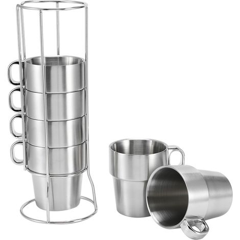 Ensemble de tasses à café/eau en acier inoxydable, isothermes et anti-brûlures, avec support pour tasse. (1/5)