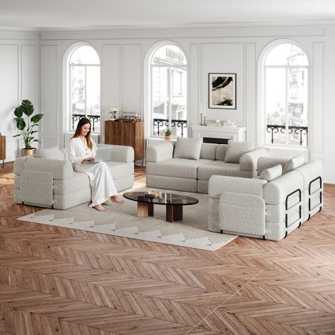 [Patented Design]Chenille-Schlafsofa 2-in-1 mit Staufach in der Armlehne, drei Metallrahmen und mehreren Konfigurationsmöglichkeiten.