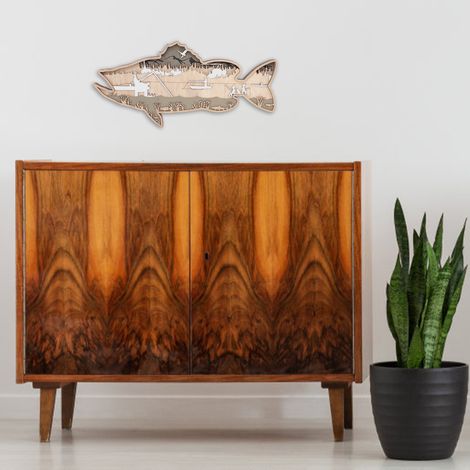 Figurine de poisson creux en bois de buis multicouche, poisson décoratif creux en bois rayé pour la maison, le bureau ou la cantine, saumon (1/5)