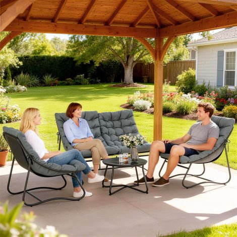 Salon de Jardin 4 Pièces avec Coussins Épais 8cm Ensemble Mobilier Extérieur en Acier et Textilène Respirant Gris