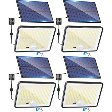 Lot de 4 lampes solaires d'extérieur à détecteur de mouvement avec télécommande, 342 LED, étanches IP65, 3 modes d'éclairage solaire pour jardin, garage, cour, blanc froid (1/5)