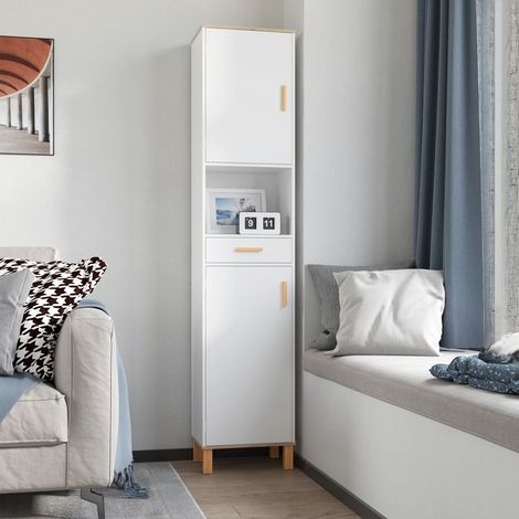 Colonne étroite de rangement blanche en bois pour salle de bain, meuble gain de place idéal petit espace (1/5)