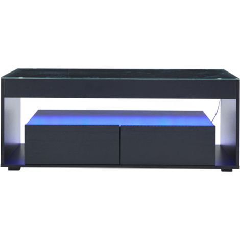 Table basse moderne avec éclairage LED 16 couleurs, console rectangulaire avec 2 grands tiroirs, table de salon spacieuse en verre, design à double plateau, finition laquée brillante, grande table de