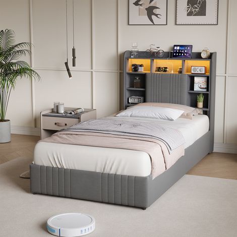 Lit simple 90x200 cm avec 2 tiroirs, tête de lit capitonné avec éclairage LED et port USB, lit adulte avec rangement, sommier à lattes, lin, gris (1/5)