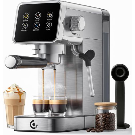 Siebträgermaschine 20 Bar mit LED-Touchscreen, Kompakte Espressomaschine aus Edelstahl mit Milchaufschäumer,Selbstreinigung, 1,2L Wassertank, für Espresso, Cappuccino & Latte Macchiato (1/5)