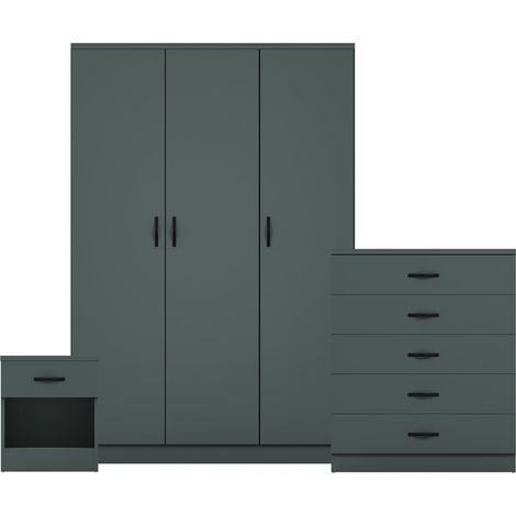 Riano 3 Piece Bedroom Set (1 Drawer Bedside Chest, 5 Drawer Chest, 3 Door Wardrobe), Green (1/3)
