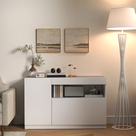 Blanc - Buffet cuisine bas, portes rembourrées, 2 placards, étagère ouverte, trous câbles, anti-basculement (1/4)