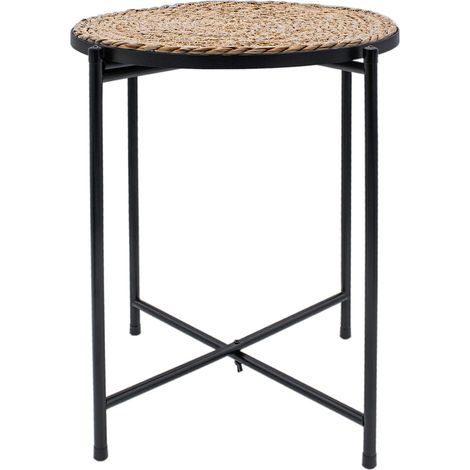 Metall Beistelltisch mit Schilf Tischplatte - 45 x 38 cm - Metall Couchtisch schwarz klappbar - Sofatisch Teetisch Kaffeetisch Blumenhocker