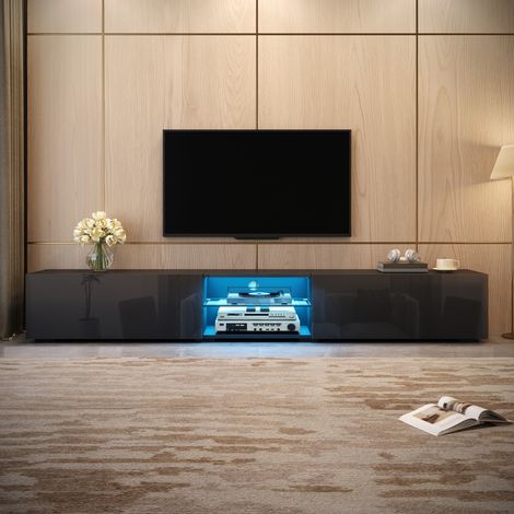 Meuble TV bas 200x30x30 cm avec portes haute brillance, LED multicolore via application, étagère transparente, passe-câbles, MDF et aggloméré, noir (1/5)