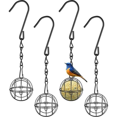 Mangeoires Oiseaux, 4pcs Métal Mangeoire Oiseaux Exterieur avec 4pcs Crochets en Forme de S, Suspendue Sphériques Boule de Graisse Bird Feeder pour de la Maison Le Jardin la Faune (Noir) (1/4)