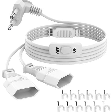 rallonges d'alimentation, 30cm 2 en 1 Câble d'extension de Prise d'extension EU, 0,75 mm² Max. 2.5A/250V Fiche Euro vers Prise Euro pour Ordinateur, TV, PC, Blanc (1/5)