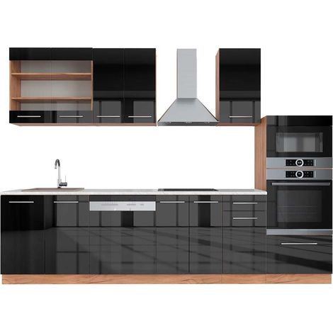 Mueble de cocina Fame-Line, Antracita brillo intenso/roble dorado eléctrico, 300 cm con armario alto, ET Mármol, Vicco