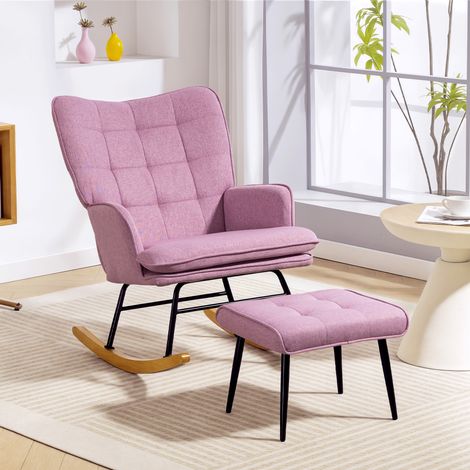 Chaise berçante avec repose-pieds, coussin rembourré, accoudoirs, dossier haut, pieds en bois, charge 130 kg rose