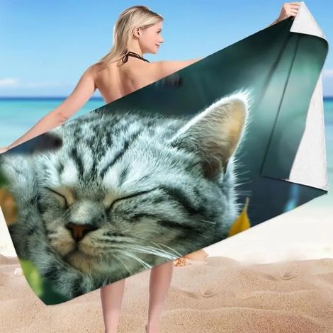 Serviette de plage pour enfants - Marque inconnue - Chat Mignon - Microfibre - Rose - 70 x 150 cm