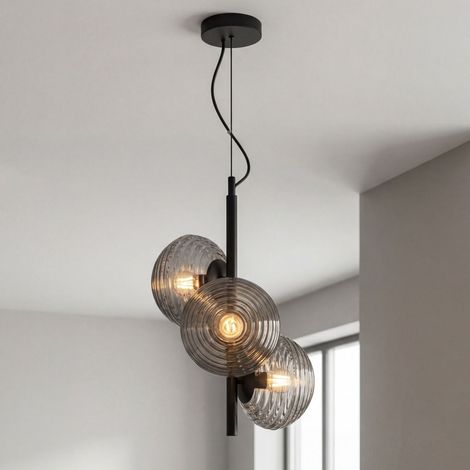 Hängelampe Metall Glas B: 325 cm H: max. 165 cm Schwarz 3-flammig E27 Pendelleuchte