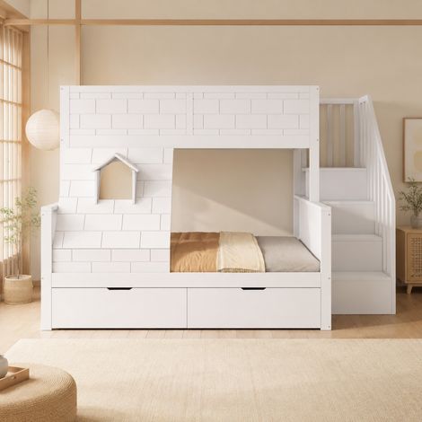 CHICFURN Litera infantil de madera blanca 90x200 y 140x200 cm con escalera y cajones (1/5)