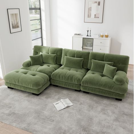 Canapé modulable d’angle L en chenille verte avec ottomane, 313 x 145 x 81 cm (1/5)